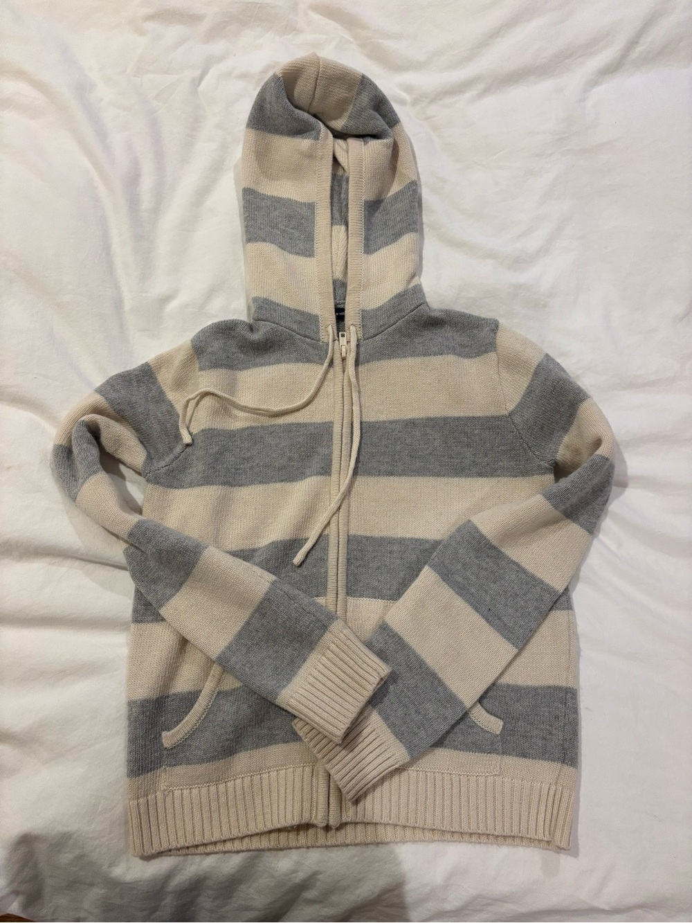 Brandy Melville Cream & Gray Striped Zip-Up Hoodie